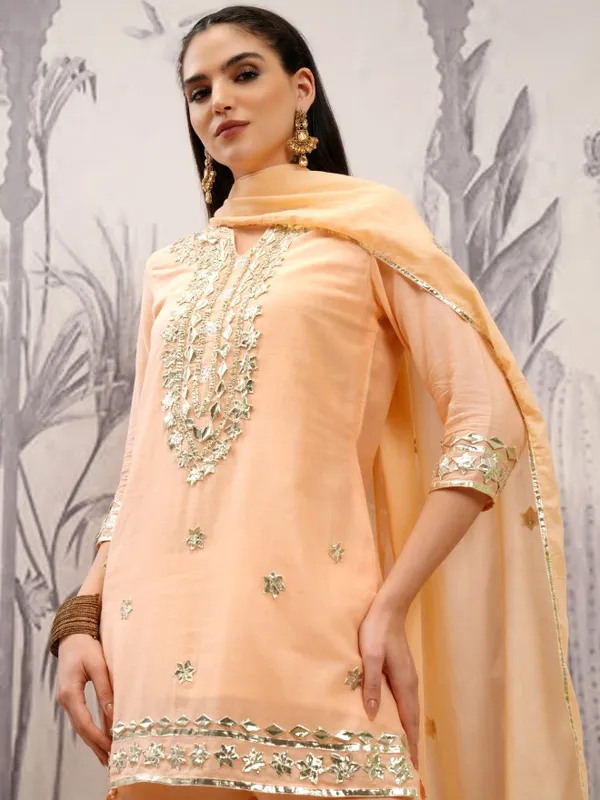 Vishudh Women Orange Embroidered Kurta With Sharara And Dupatta