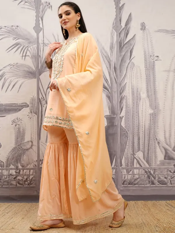 Vishudh Women Orange Embroidered Kurta With Sharara And Dupatta