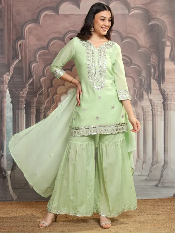 Vishudh Women Green Embroidered Kurta With Sharara And Dupatta