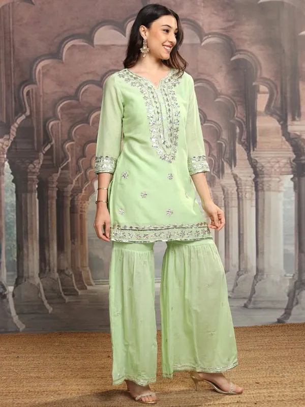 Vishudh Women Green Embroidered Kurta With Sharara And Dupatta
