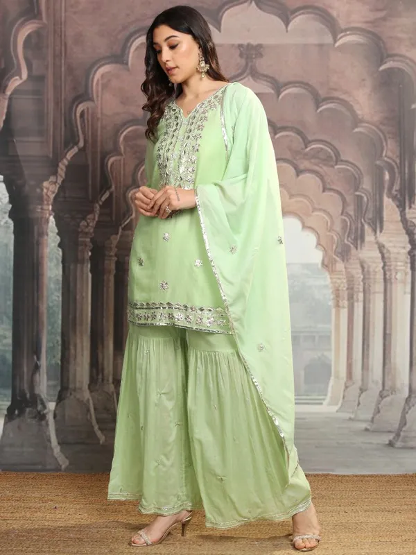 Vishudh Women Green Embroidered Kurta With Sharara And Dupatta