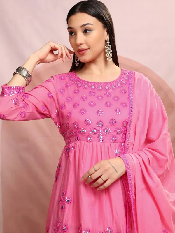 Vishudh Women Pink Embroidered Kurta With Sharara And Dupatta