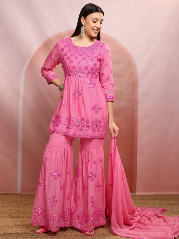 Vishudh Women Pink Embroidered Kurta With Sharara And Dupatta