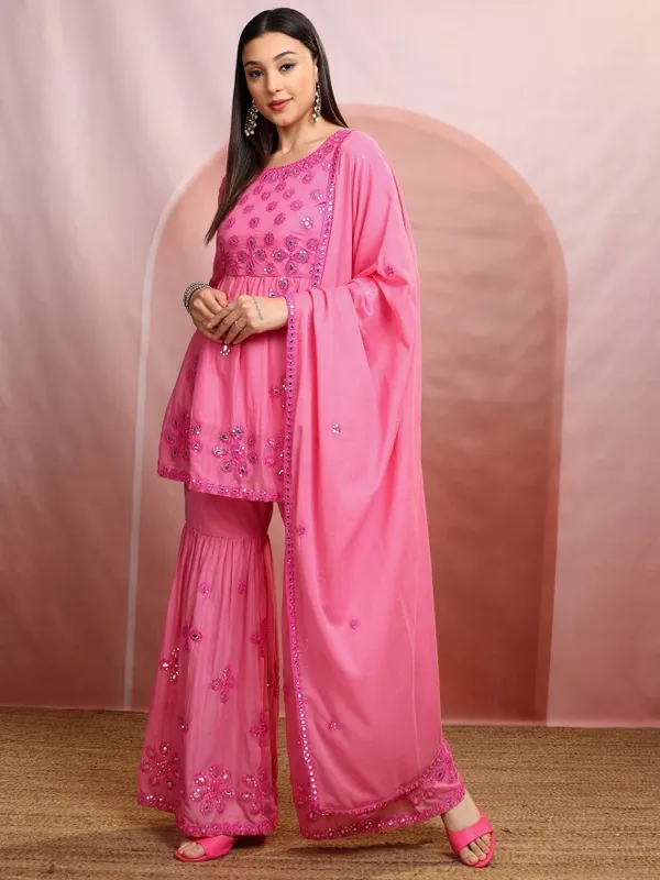 Vishudh Women Pink Embroidered Kurta With Sharara And Dupatta