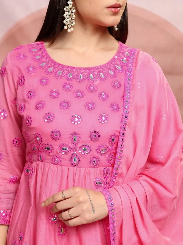 Vishudh Women Pink Embroidered Kurta With Sharara And Dupatta