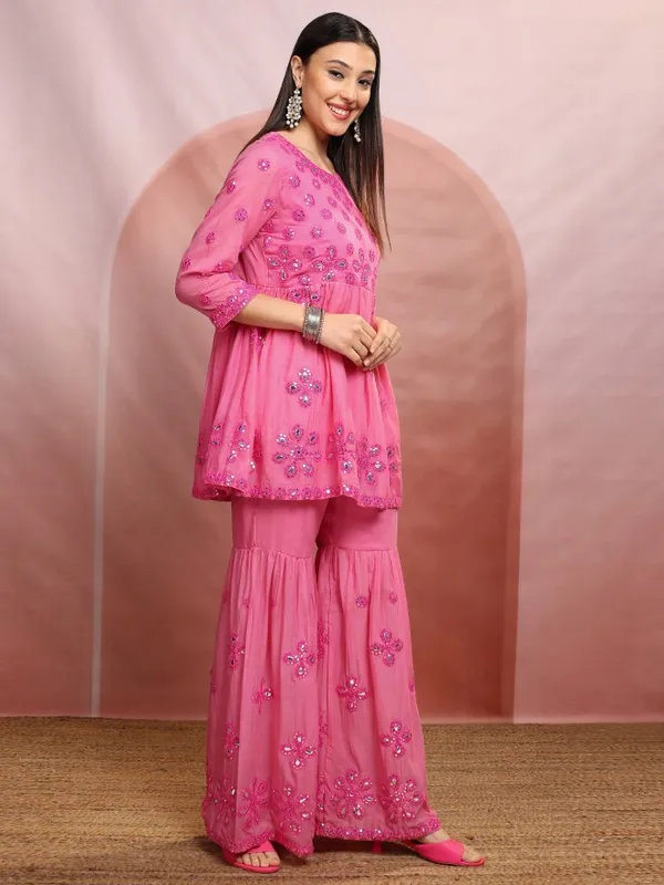 Vishudh Women Pink Embroidered Kurta With Sharara And Dupatta