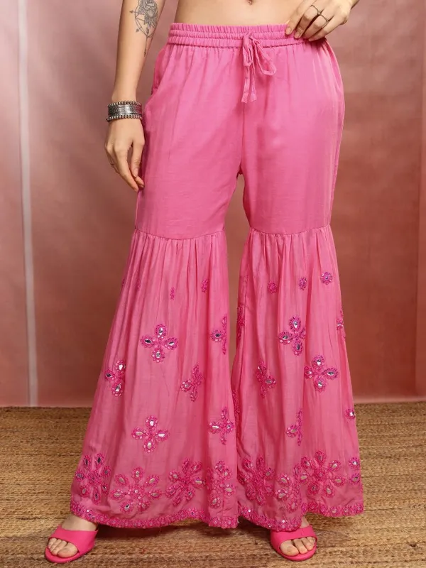 Vishudh Women Pink Embroidered Kurta With Sharara And Dupatta