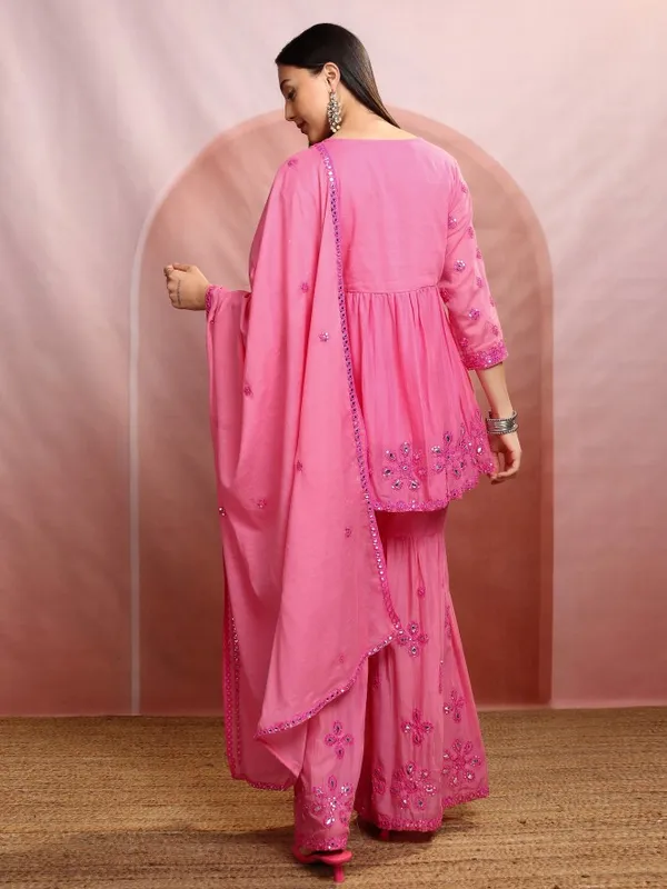 Vishudh Women Pink Embroidered Kurta With Sharara And Dupatta