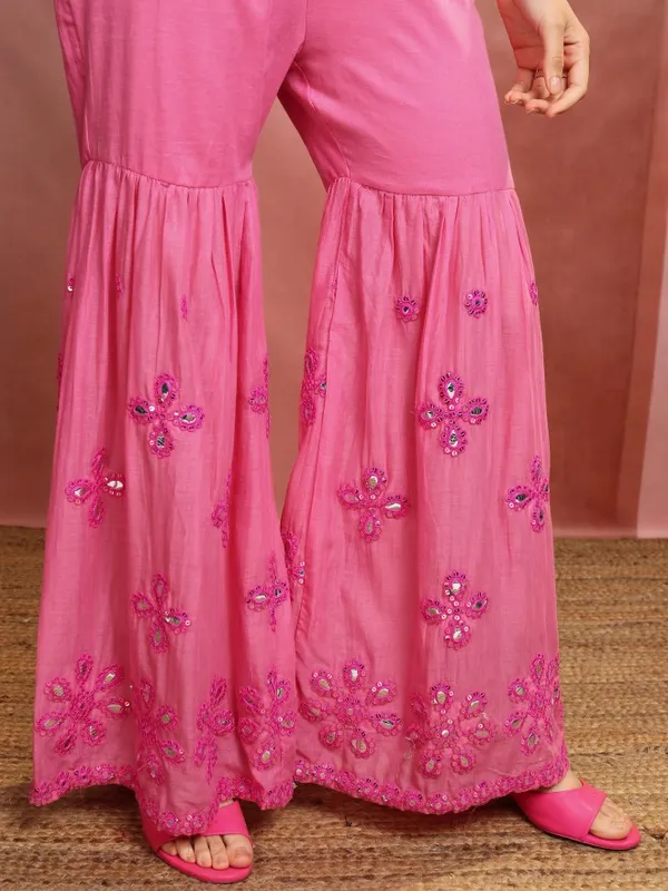 Vishudh Women Pink Embroidered Kurta With Sharara And Dupatta