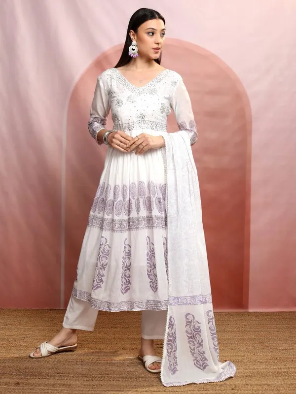 Vishudh Women White Embroidered Kurta With Trousers And Dupatta