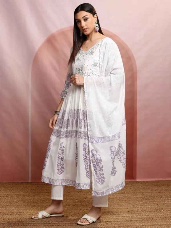 Vishudh Women White Embroidered Kurta With Trousers And Dupatta