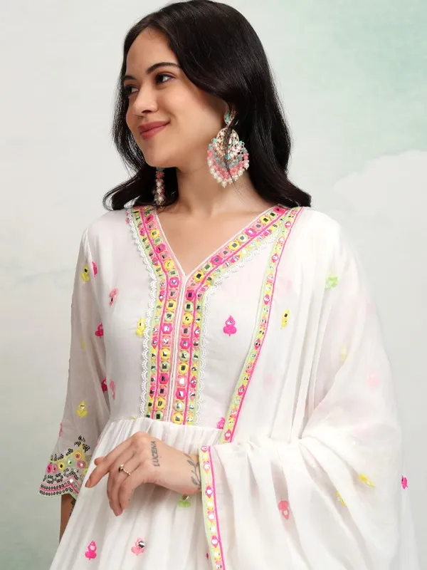 Vishudh Women White Embroidered Kurta With Trousers And Dupatta