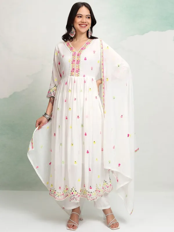 Vishudh Women White Embroidered Kurta With Trousers And Dupatta