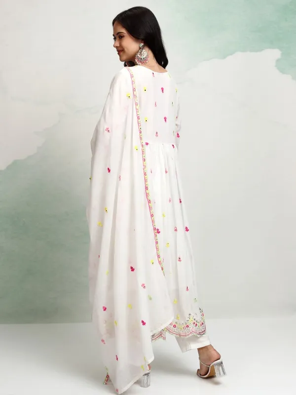 Vishudh Women White Embroidered Kurta With Trousers And Dupatta