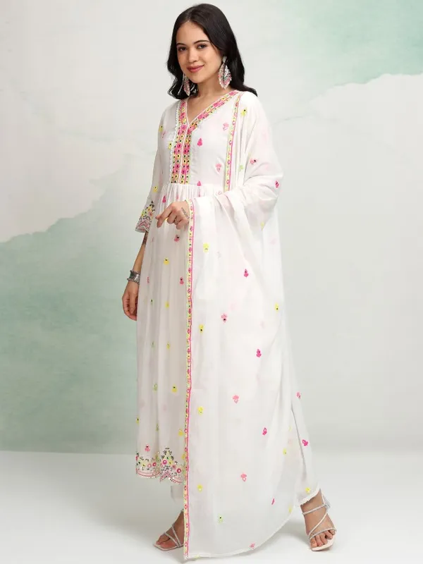 Vishudh Women White Embroidered Kurta With Trousers And Dupatta
