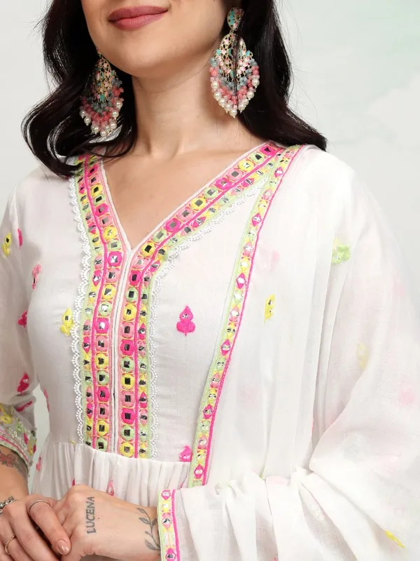 Vishudh Women White Embroidered Kurta With Trousers And Dupatta
