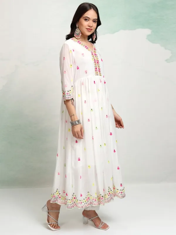 Vishudh Women White Embroidered Kurta With Trousers And Dupatta