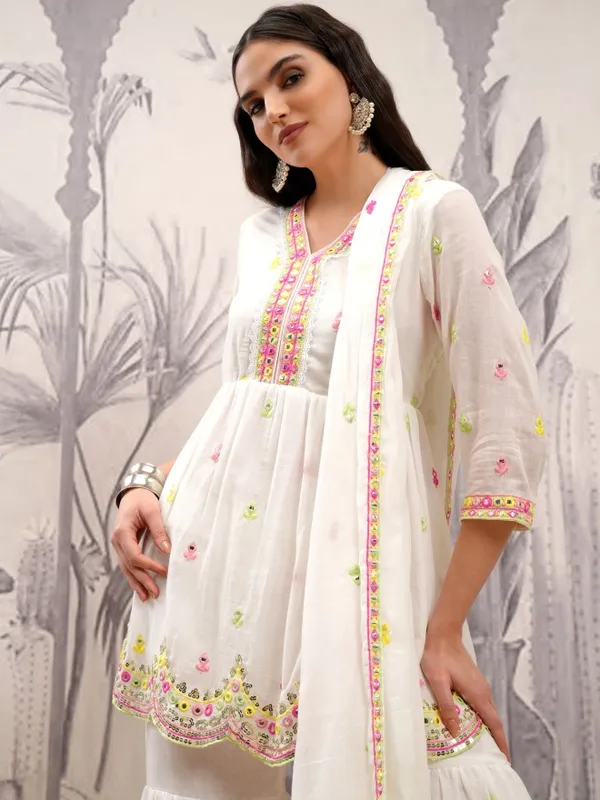 Vishudh Women White Embroidered Kurta With Sharara And Dupatta