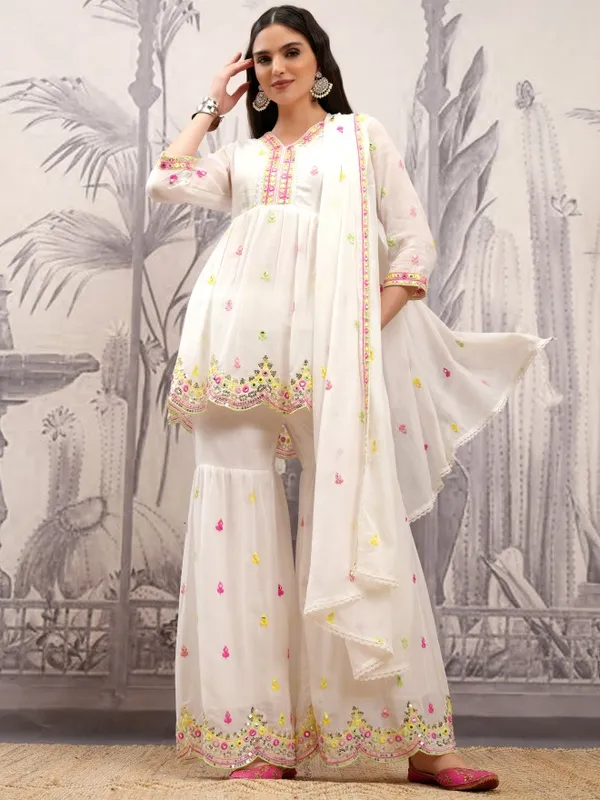 Vishudh Women White Embroidered Kurta With Sharara And Dupatta