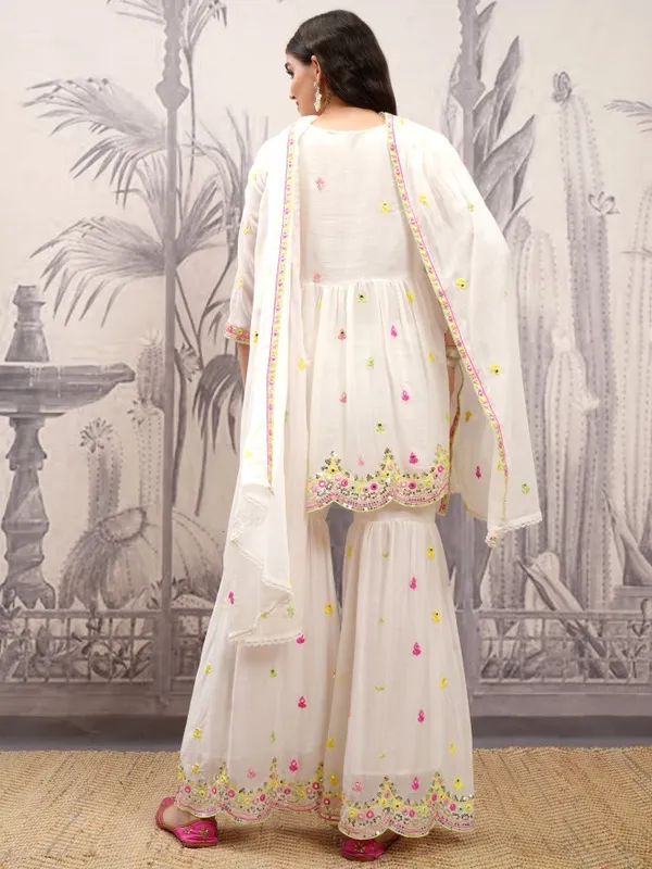 Vishudh Women White Embroidered Kurta With Sharara And Dupatta