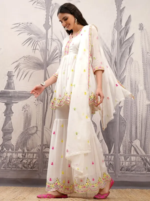 Vishudh Women White Embroidered Kurta With Sharara And Dupatta