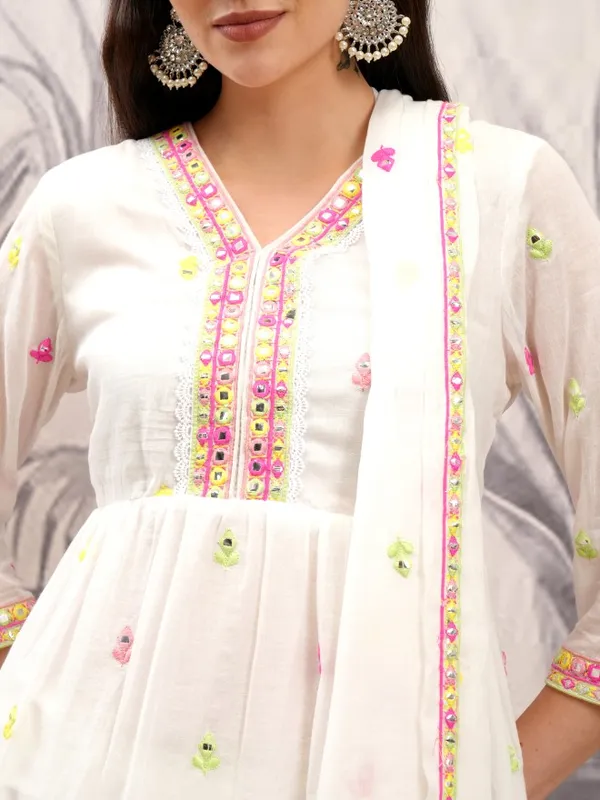 Vishudh Women White Embroidered Kurta With Sharara And Dupatta