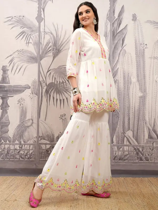 Vishudh Women White Embroidered Kurta With Sharara And Dupatta