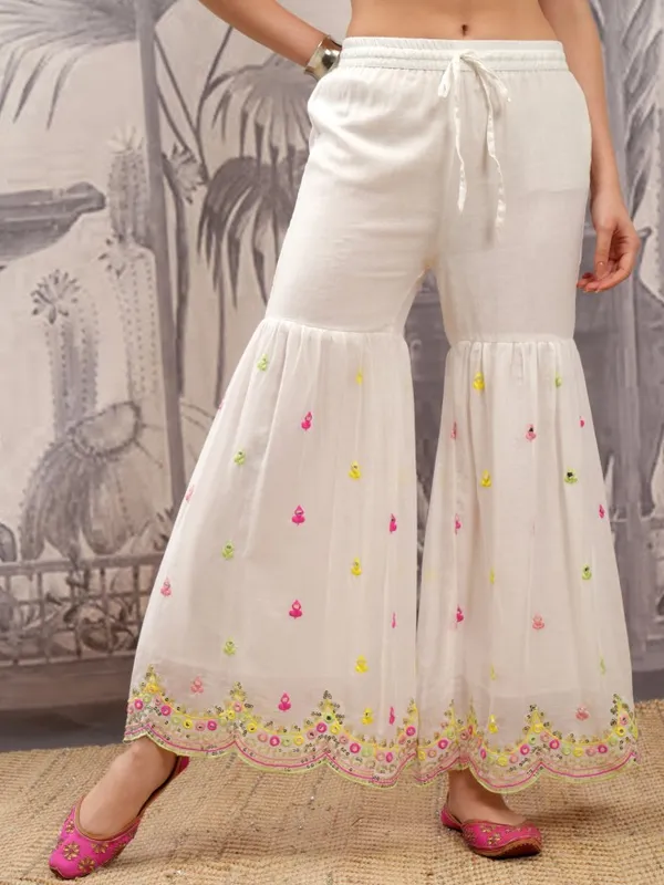 Vishudh Women White Embroidered Kurta With Sharara And Dupatta