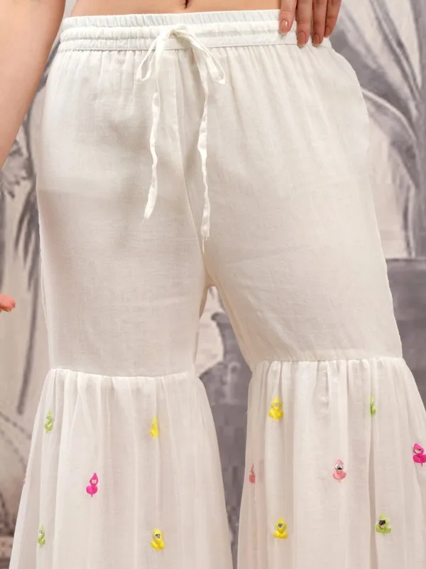 Vishudh Women White Embroidered Kurta With Sharara And Dupatta