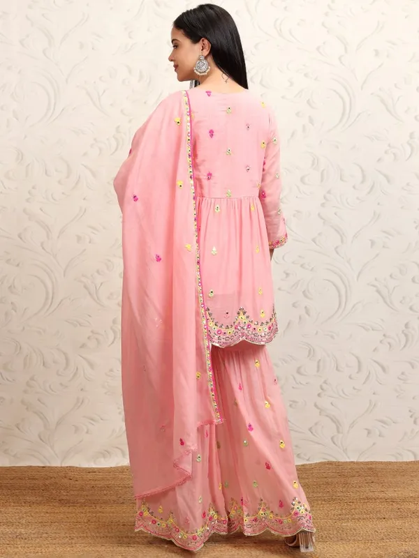 Vishudh Women Peach Embroidered Kurta With Sharara And Dupatta
