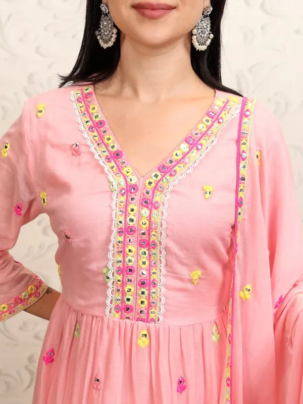 Vishudh Women Peach Embroidered Kurta With Sharara And Dupatta