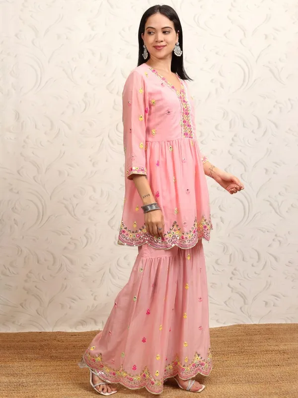 Vishudh Women Peach Embroidered Kurta With Sharara And Dupatta