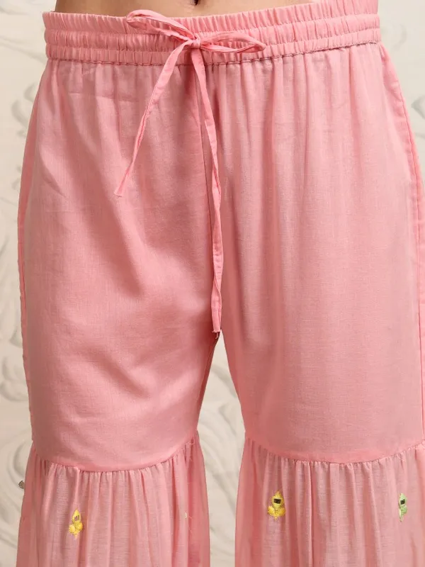 Vishudh Women Peach Embroidered Kurta With Sharara And Dupatta