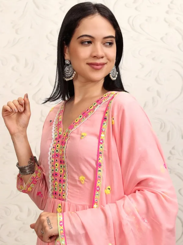 Vishudh Women Peach Embroidered Kurta With Sharara And Dupatta