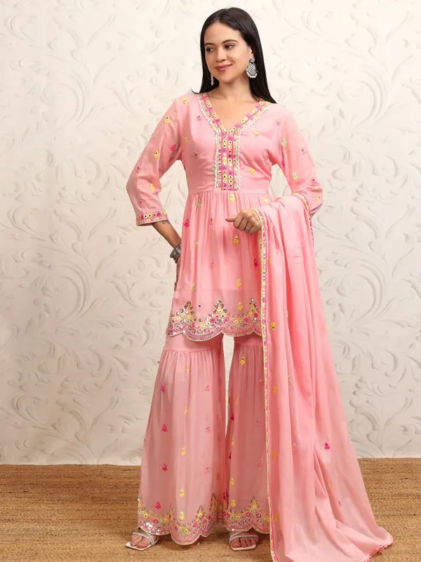 Vishudh Women Peach Embroidered Kurta With Sharara And Dupatta