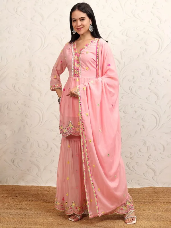 Vishudh Women Peach Embroidered Kurta With Sharara And Dupatta
