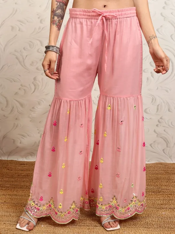 Vishudh Women Peach Embroidered Kurta With Sharara And Dupatta