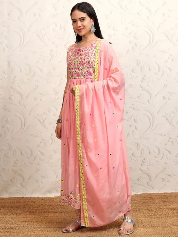 Vishudh Women Peach Embroidered Kurta With Trousers And Dupatta