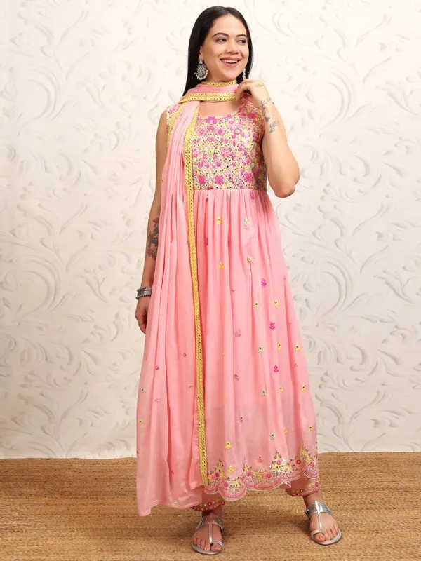 Vishudh Women Peach Embroidered Kurta With Trousers And Dupatta