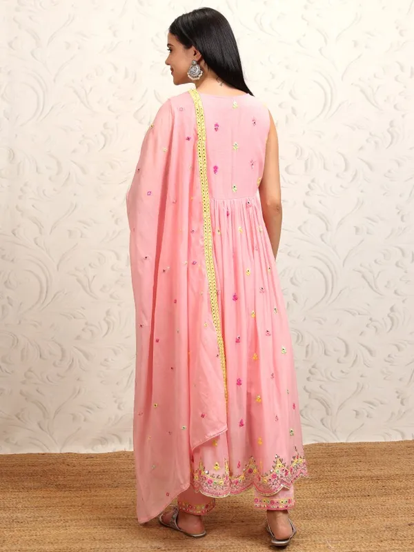 Vishudh Women Peach Embroidered Kurta With Trousers And Dupatta