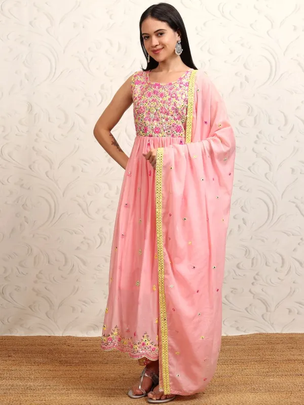 Vishudh Women Peach Embroidered Kurta With Trousers And Dupatta