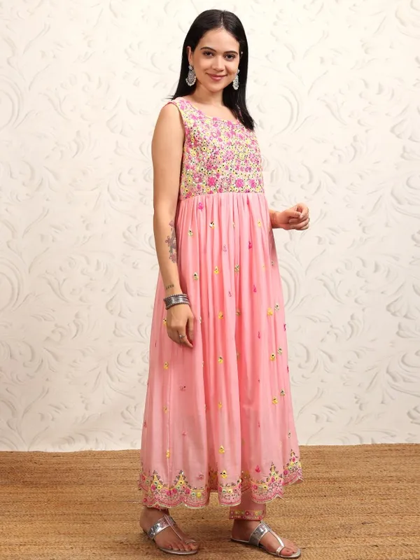 Vishudh Women Peach Embroidered Kurta With Trousers And Dupatta