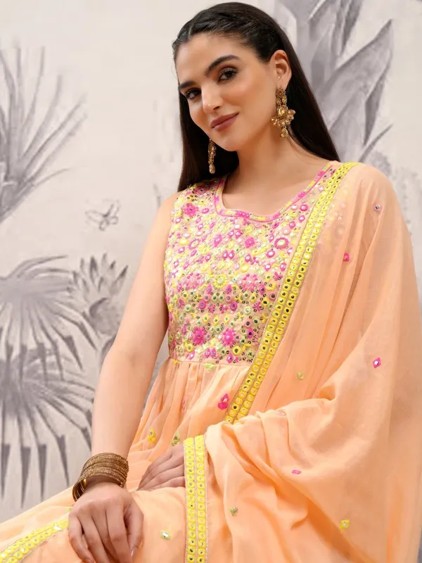 Vishudh Women Orange Embroidered Kurta With Trousers And Dupatta
