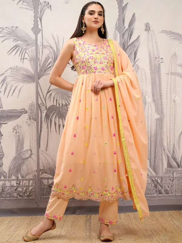 Vishudh Women Orange Embroidered Kurta With Trousers And Dupatta