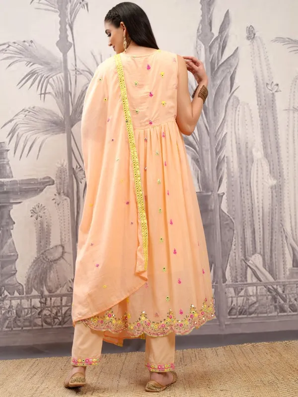 Vishudh Women Orange Embroidered Kurta With Trousers And Dupatta