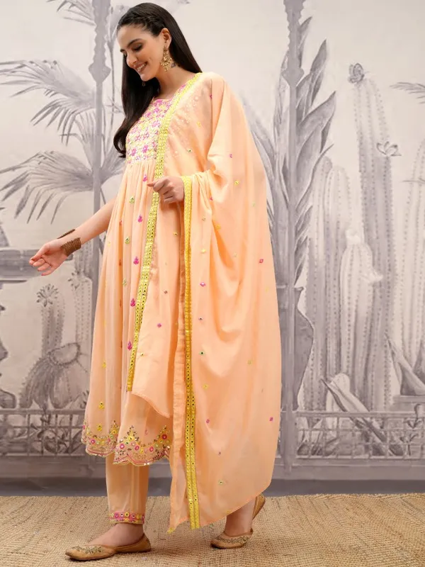 Vishudh Women Orange Embroidered Kurta With Trousers And Dupatta