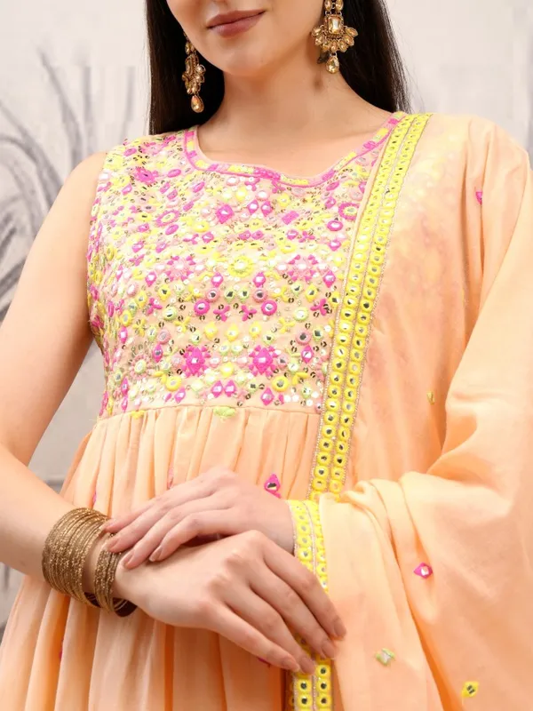 Vishudh Women Orange Embroidered Kurta With Trousers And Dupatta