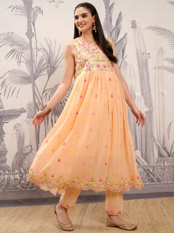 Vishudh Women Orange Embroidered Kurta With Trousers And Dupatta