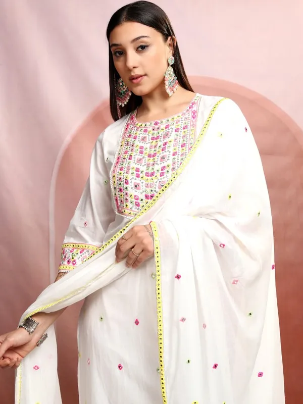 Vishudh Women White Embroidered Kurta With Trousers And Dupatta