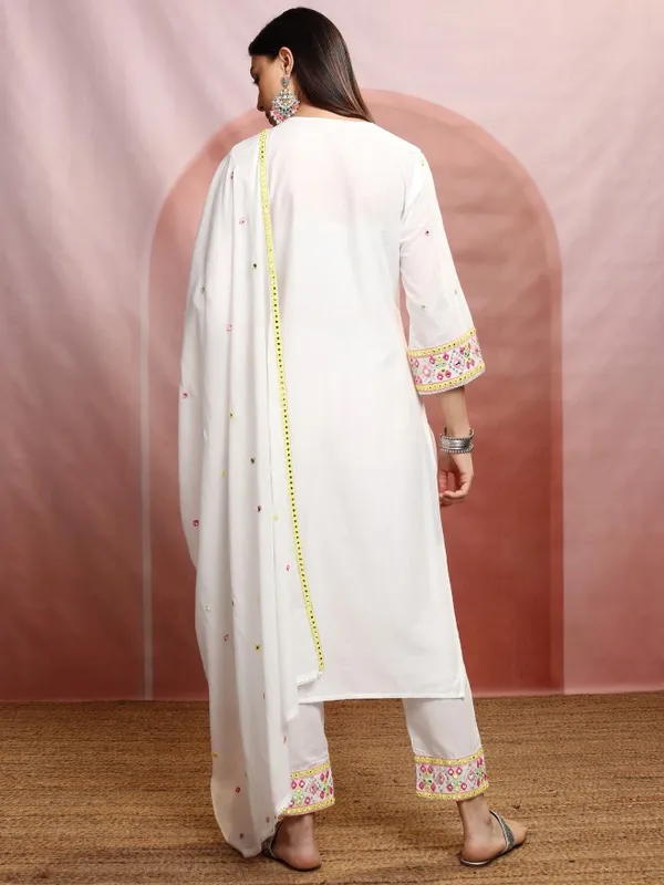 Vishudh Women White Embroidered Kurta With Trousers And Dupatta